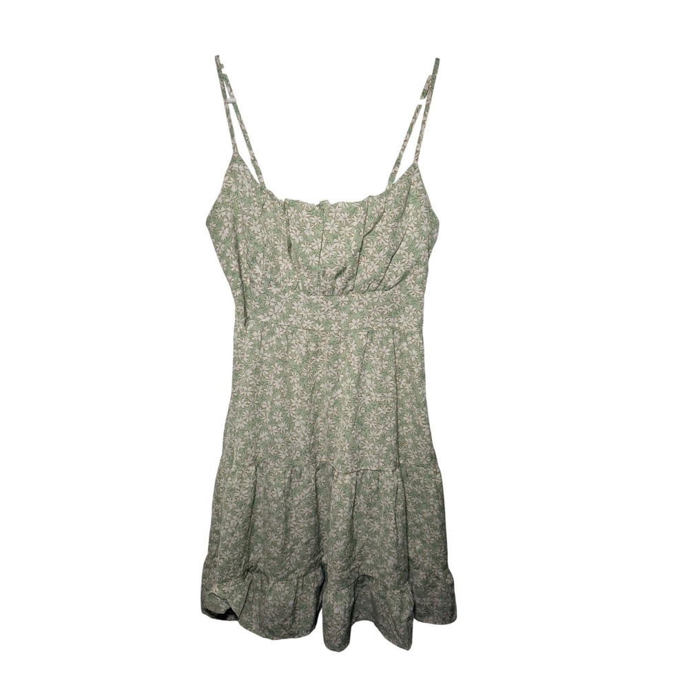 Womens Green Floral Smocked Milkmaid Tiered‎ Mini Dress Medium Coquette Ethereal